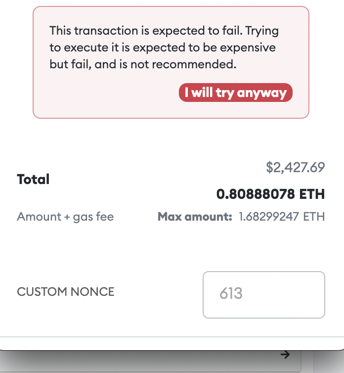 Historical wallet transaction warning and estimated fee