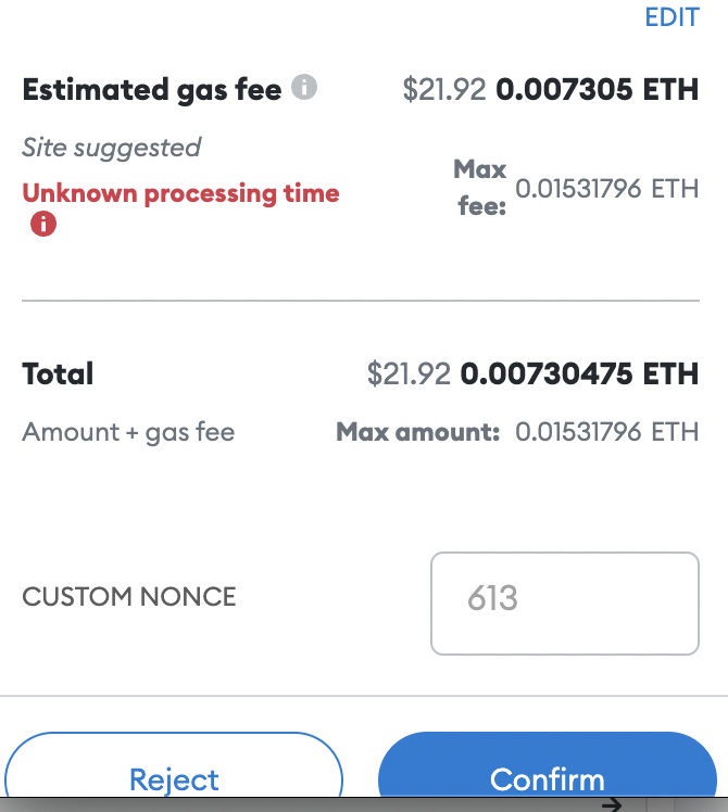 Historical wallet confirmation with a gas estimate
